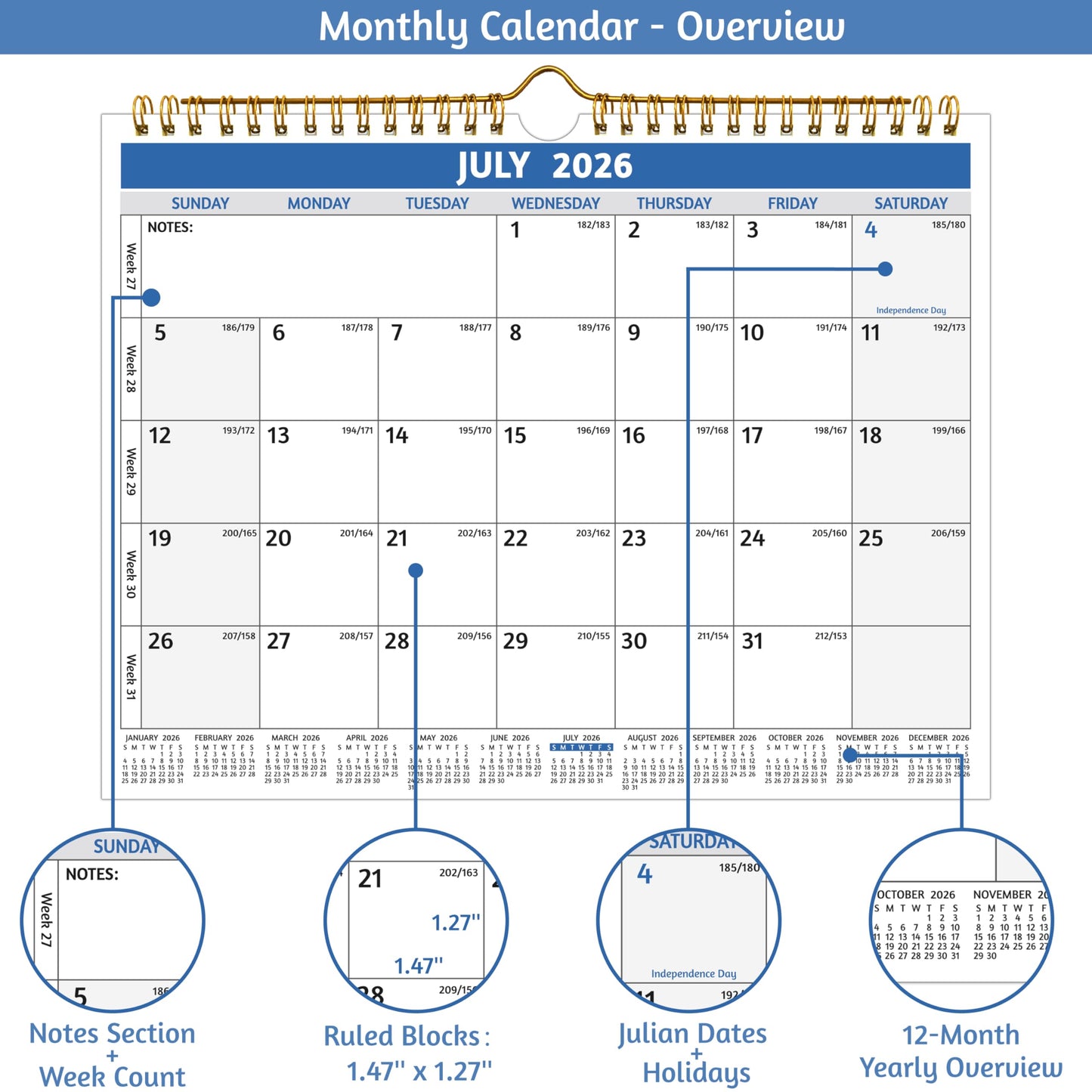 Wall Calendar 2026-2027 – Run Now to Jun 2027, 18 Monthly Calendar 2026-2027, 11 x 8.5 In, Small Monthly Calendar Wall, with Thick Paper, Holidays, Julian Dates ＆ Notes, Colorful Design