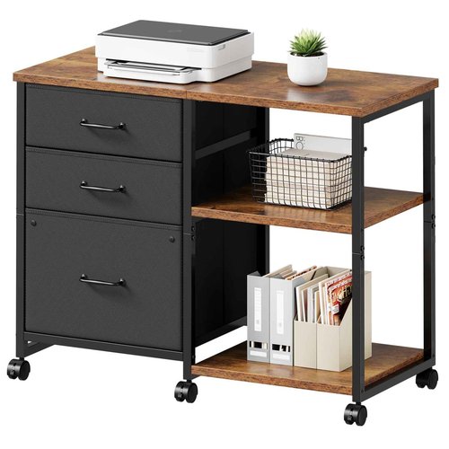 Maihail 3 Drawer File Cabinet with Wheels Rolling Printer Stand with Open Storage Shelf Fabric Lateral Filing Cabinet for Home Office,Rustic Brown