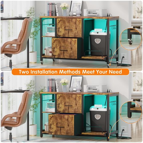 Hyomdeck 2 Drawer Lateral File Cabinet with Shredder Stand, Rolling Office Filing Cabinets with Outlet and LED Light, Printer Table with Storage, Home Office Cabinet for Letter Legal Size, Rustic