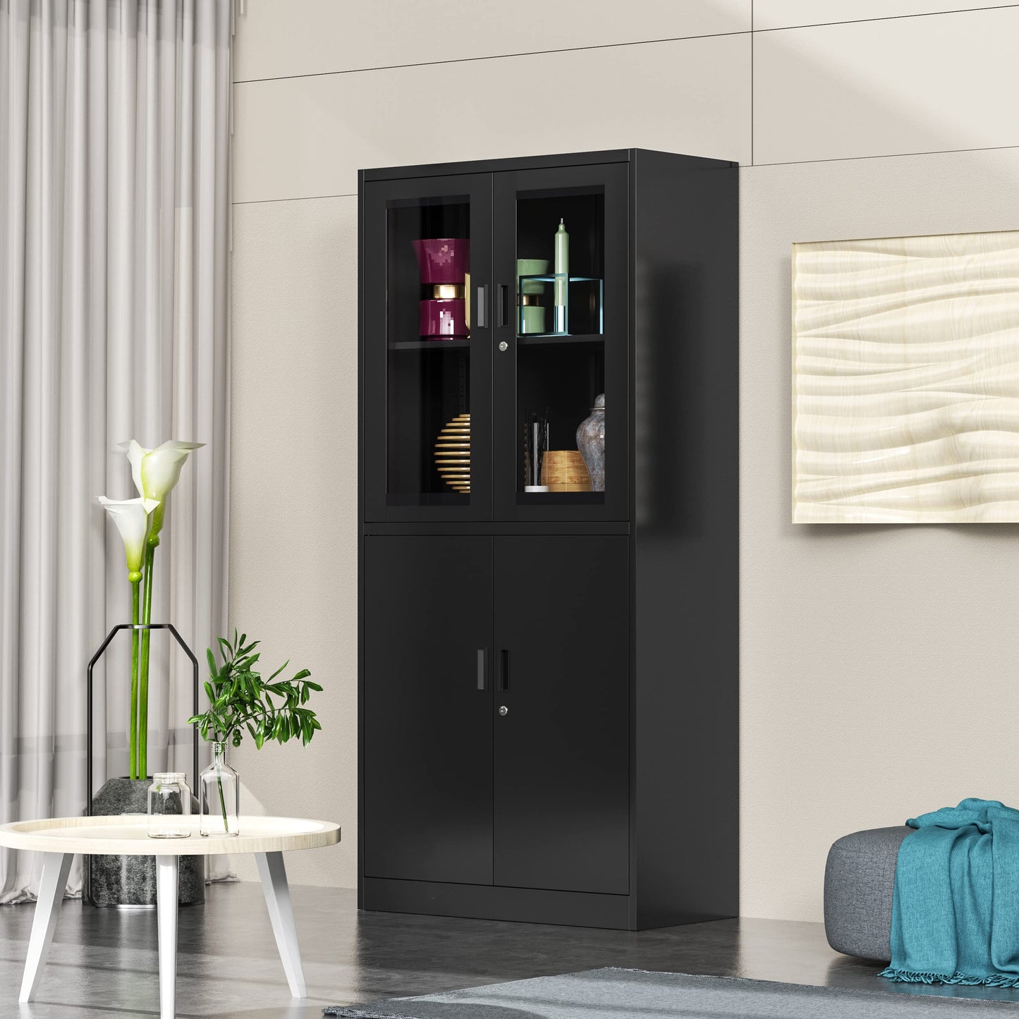AFAIF 71”H Display Cabinet with Adjustable Shelves, 4 Door Display Cabinets with Glass Door, Black Metal Display case, Locking Steel Storage Caninet for Home/Office/Living Room -Assembly Required