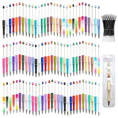 DASTTUIS 450 Pieces Beadable Pens - 150 Plastic Beadable Pens Bulk, Refills & Pen Bags Included - Beaded Pens Kit Cute Ballpoint Pens Black Ink - DIY Pens for Students & Teachers (Multicolor)