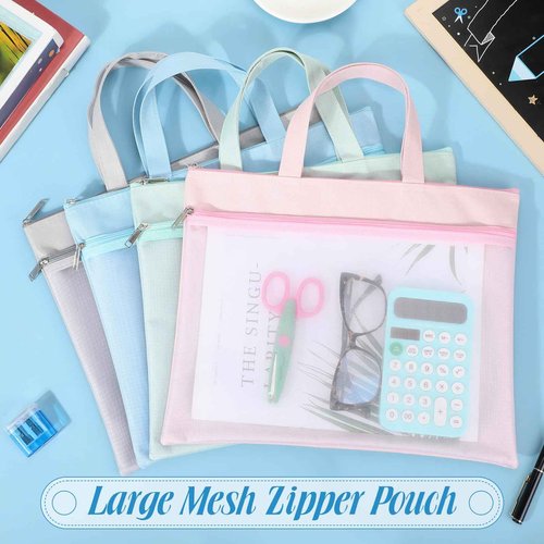 Zhehao 16 Pcs Student Book Pouches with Handle Waterproof Document Bag Sew Project Bag for Quilting Mesh Zipper Pouch File Artwork Storage Organize for A4 Files, 14 x 11 Inch
