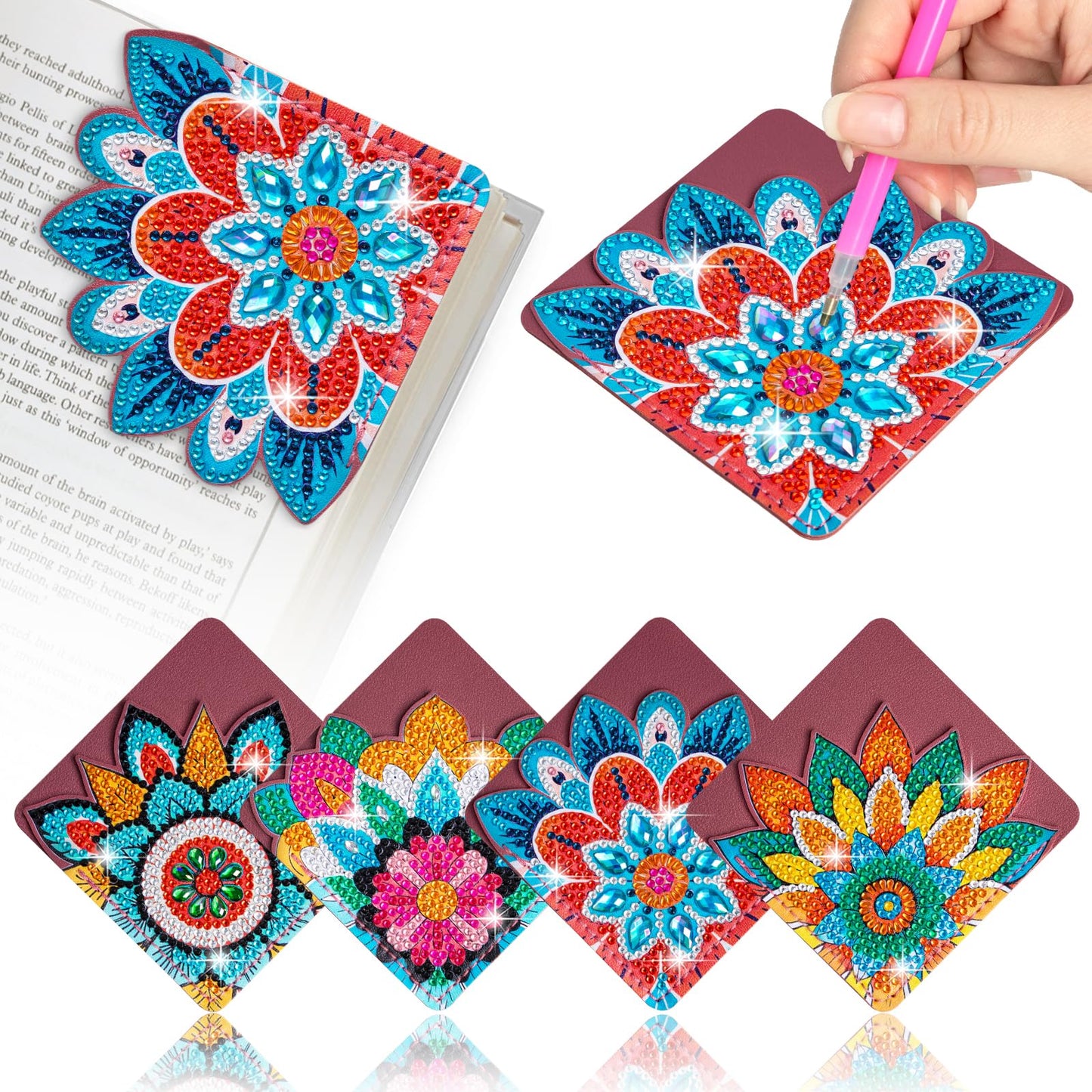 WIVICO 4 pcs Diamond Painting Bookmarks, DIY Diamond Art Kits for Adults, Book Corner - Protecting Bookmark Craft Supplies Kits for Book Lovers(Mandala B)