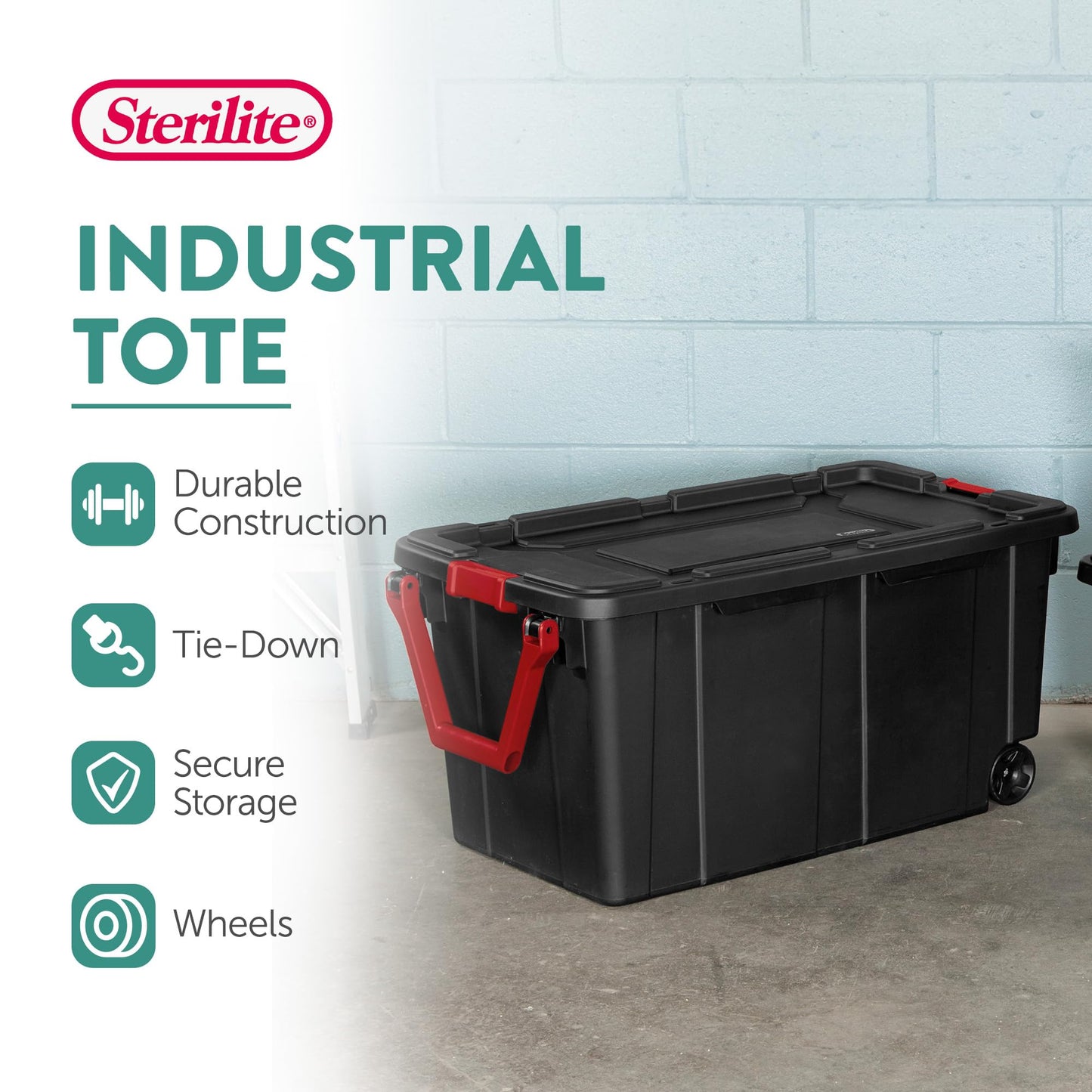 Sterilite 8-Pack Industrial Tote, Heavy-Duty Storage Bins w/Lids and Wheels, 40 Gallon - Stackable Organizing Containers for Home, Garage, Office, and Basement