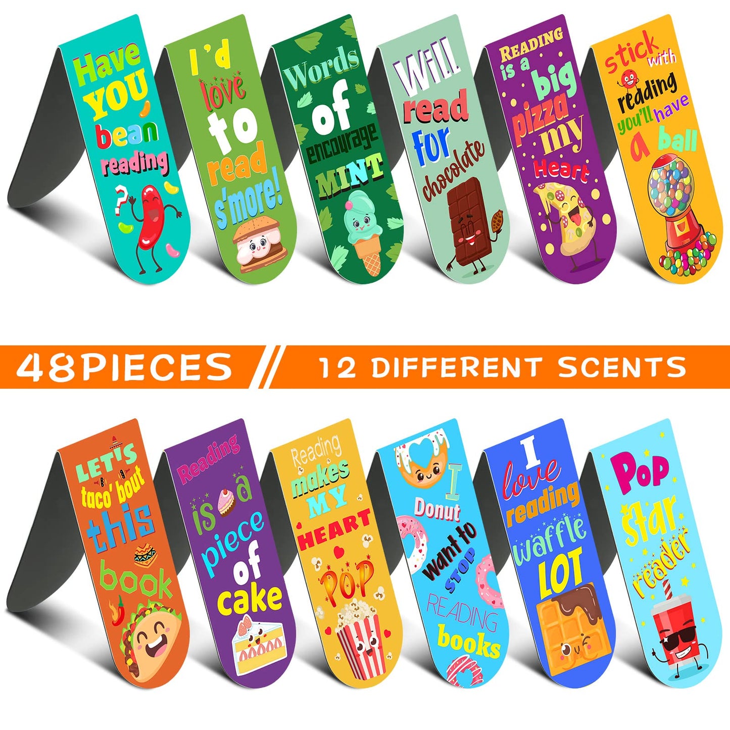 48 Pack Scented Bookmarks Magnetic Scratch and Sniff Fruit Food Bookmarks for Kids Cute Page Markers with Sayings for Kids Students Teens Teachers (Food Flavor)