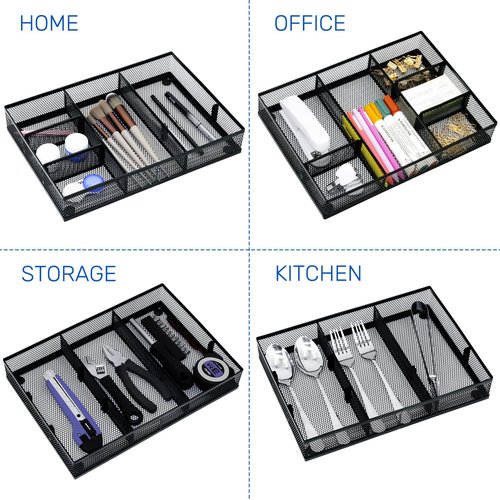 Neudeco Desk Drawer Organizer with 6 Adjustable Dividers, Metal Pen organizer for desk drawer,Mesh Office Desk Drawer Organizer Tray for office supplies (Pack 4, Black)
