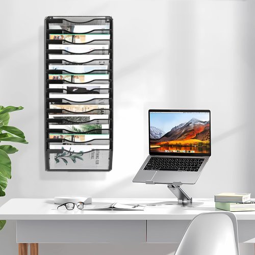 EasyPAG 14 Pocket Wall File Organizer, Black | Metal Mesh Wall Mounted File Holder | Assembly Hanging Mail Organizer | Replaceable Classify Labels | Office Home Letter Size Paper Storage