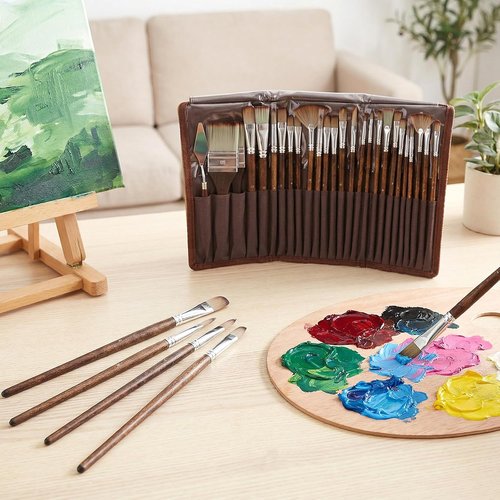 Skiennix 25-Piece Paint Brush Set - Versatile Brushes for Acrylic, Oil, and Watercolor Painting | Includes Palette Knife and Cloth Roll