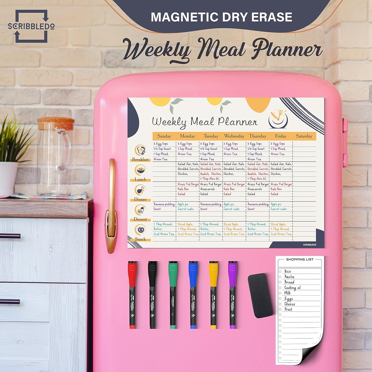 Skiennix Weekly Meal Planner - 13" x 17" Magnetic Dry Erase Whiteboard for Fridge | Includes 6 Markers