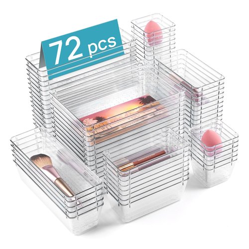 Vtopmart 72 PCS Clear Plastic Drawer Organizers Set, 4-Size Versatile Bathroom and Vanity Organizer Trays, Non-Slip Storage Containers for Makeup, Jewelries, Bedroom，Kitchen Utensils and Office