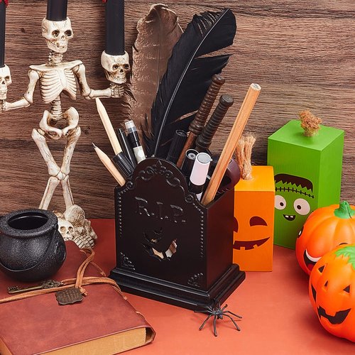 Gueevin Tombstone Gothic Pen Holder Coffin Makeup Brush Holder Utensil Goth Toothbrush Spooky Bathroom Decor Office Pencil Organizer for Desk Christmas Decor Goth Gifts Vanity Accessories