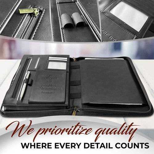 DEHITE Leather Portfolio for Men and Women - Christian Religious Gifts - Padfolio with Laptop Pocket - Letter Size Organizer for Bible Notebook Notepad - Black Full Grain Zipper Binder