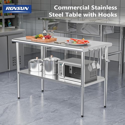 ROVSUN Stainless Steel Prep Table - 48'' x 24'' Heavy Duty Workstation with Adjustable Under-Shelf | Ideal for Kitchen, Restaurant, and Outdoor Use