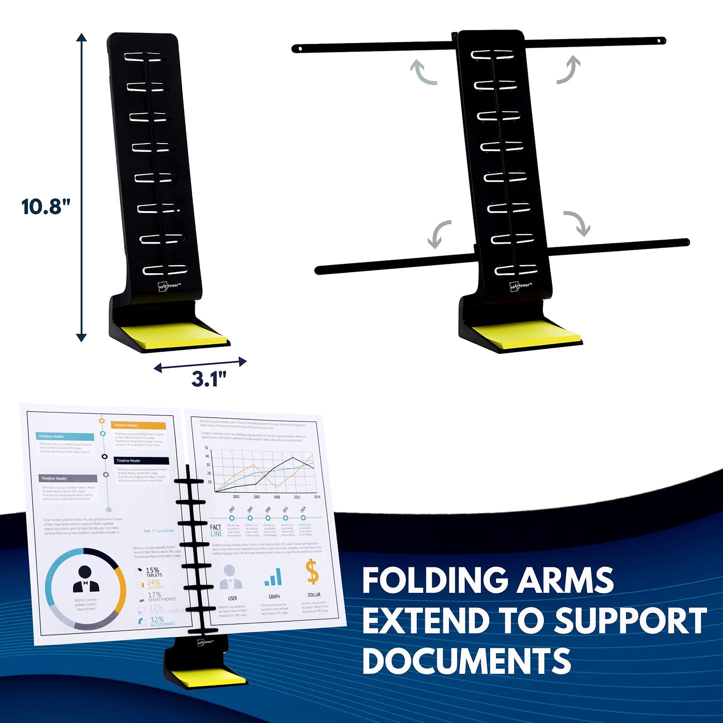 Note Tower Desktop Pro Dual Document Holder for Typing | Compact 2 Page Paper Holder Stand for Desk | Document Stand Holds Copy Paper, Photos & Post Notes | Dispenser includes 3x3 Sticky Notes | Black