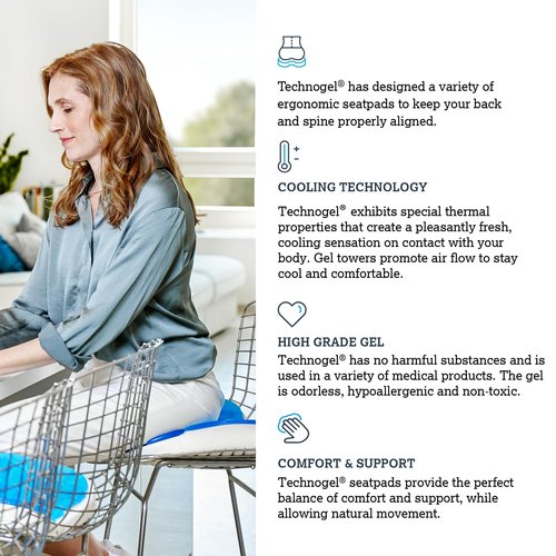 Technogel Cooling Seat Cushion – Gel Cushion for Office Chair, Car Seat, Airplane – Sciatica, Hip & Coccyx Pain Relief for Long Sitting – Ideal for Office Workers, Car Drivers, Gamers & Wheelchairs