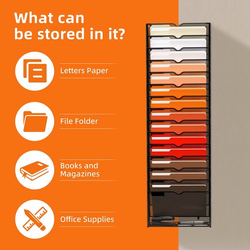 SUPEASY 16-Tier Hanging Wall File Holder Organizer for Papers, Folders, Files Clipboard & Magazine Organization Great for Office Home, Black