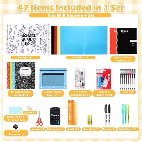 AmazingSpark 188 Pcs Operation Christmas Bulk Items School Supply Kit 4 Sets Back to School Supply Boxes for Students Gifts Donation Gifts Includes Calculator Folder Notebooks Scissors and More