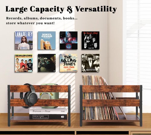 Y&M Vinyl Record Storage Crate, Wooden Storage Box, Classic Cube CD Albums Shelf Holder Organizer, Holds Up to 100+ Records, Magazine Rack for Desktop, Home, Office, Brown