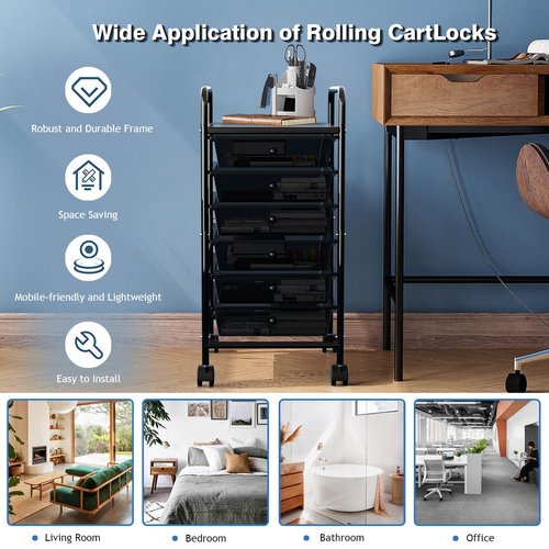 Metal 6 Tier Rolling Cart with 6 Drawers,1 Table Top & 4 Wheels, Utility Grocery Craft Cart on Wheels for Classroom, Office, Bathroom, Kitchen, Bar, Home Storage and Organization, Dorm Room Essentials