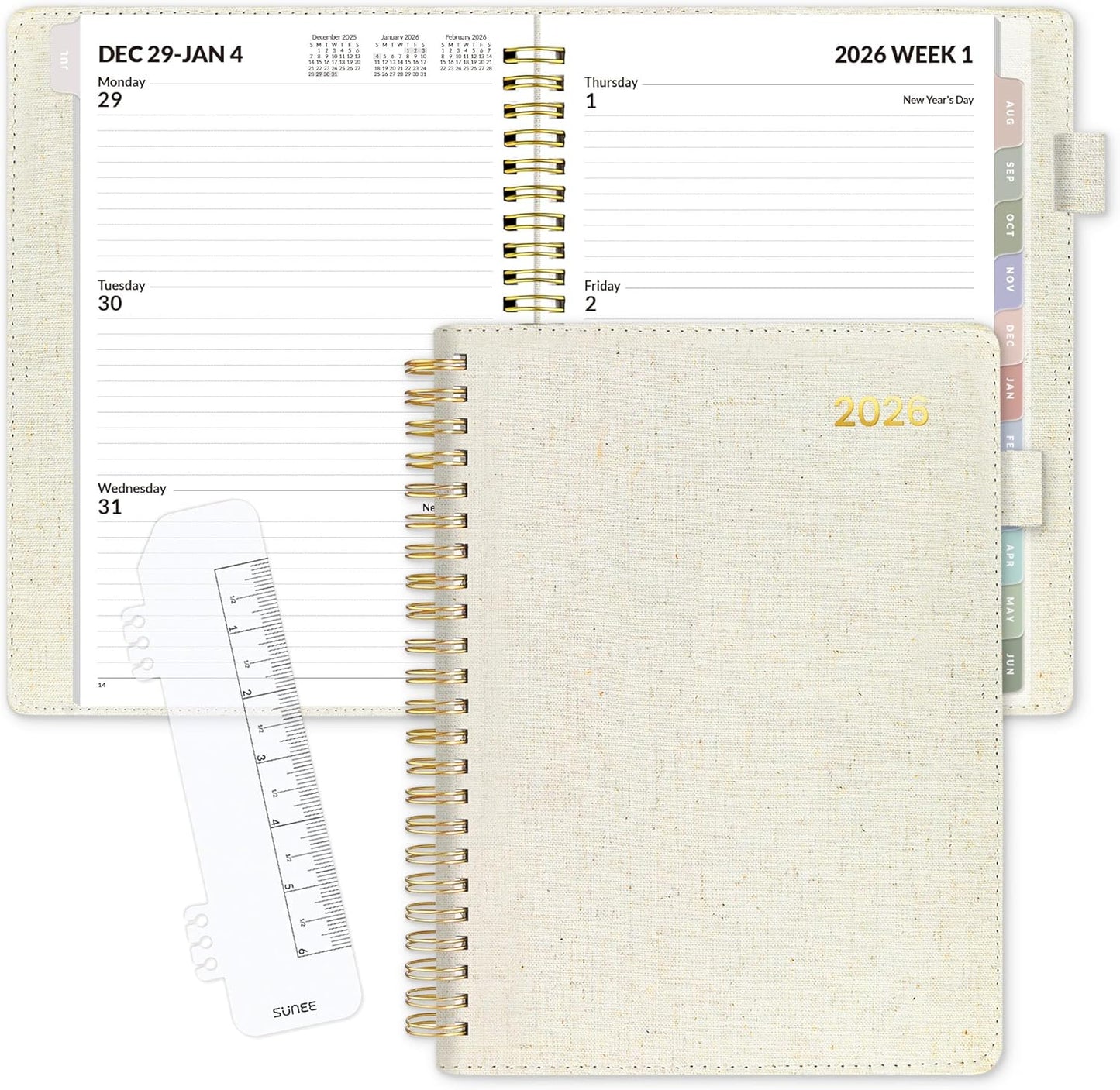 SUNEE 2026 Weekly & Monthly Planner - Vegan Leather Cover, Pocket & Bookmark | 6.4"x8.5", Beige