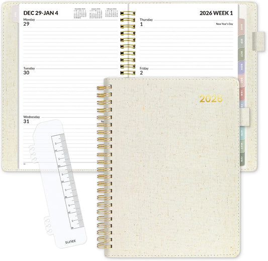 SUNEE 2026 Weekly & Monthly Planner - Vegan Leather Cover, Pocket & Bookmark | 6.4"x8.5", Beige