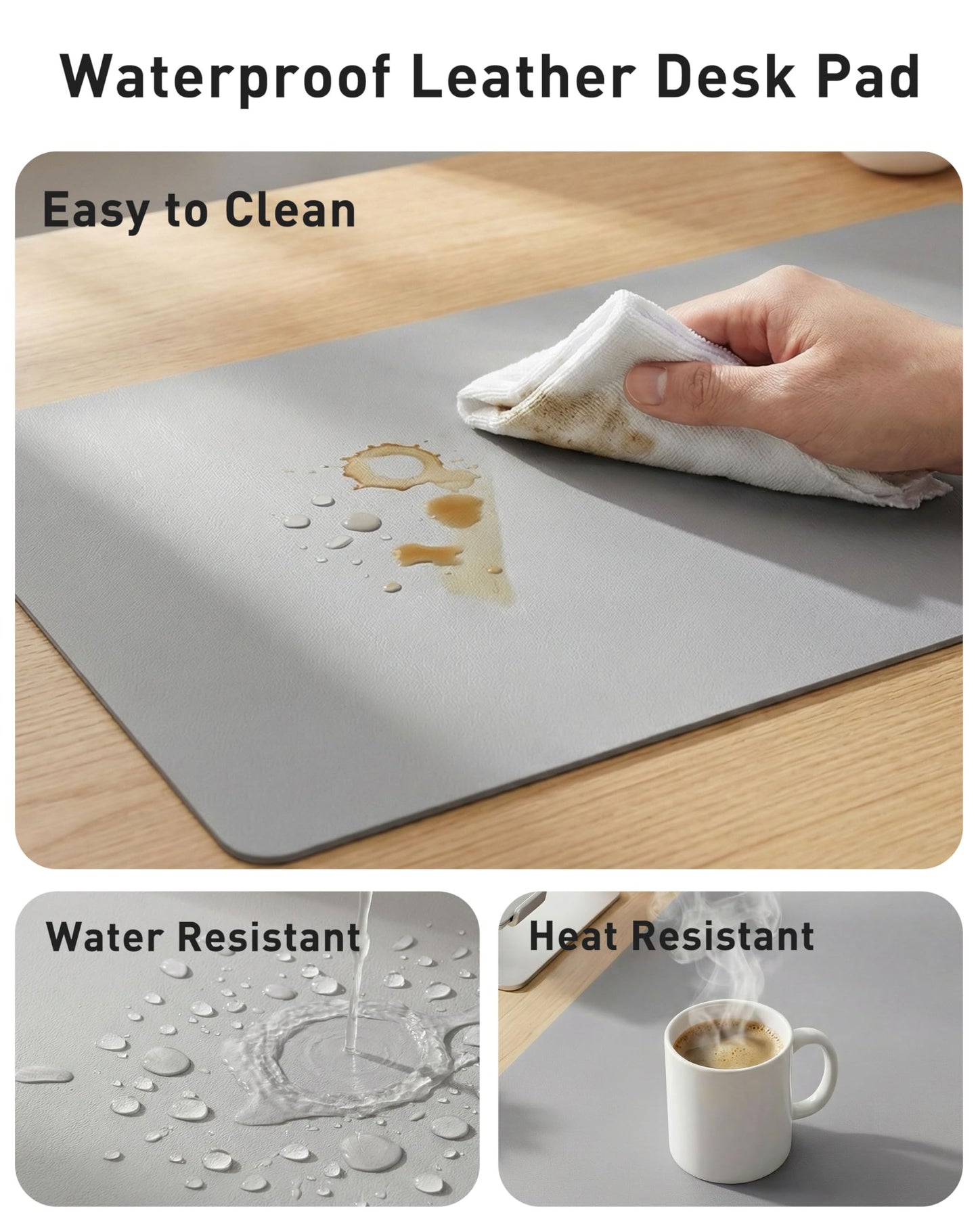Aothia Faux Leather Desk Mat - Large Mouse Pad, Non-Slip PU Leather Blotter, Waterproof Writing Surface for Office and Home (Light Grey, 40" x 24")