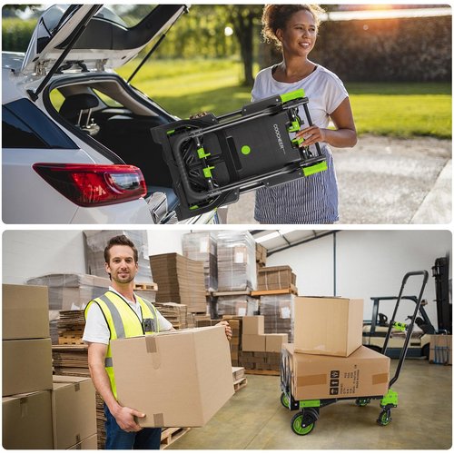 2-in-1 Folding Hand Truck Dolly 330LB Load Carrying, Hand Truck Foldable Dolly with Retractable Handle and 4 Rubber Wheels, Portable Folding Hand Cart for Moving/Travel/Office(Green)
