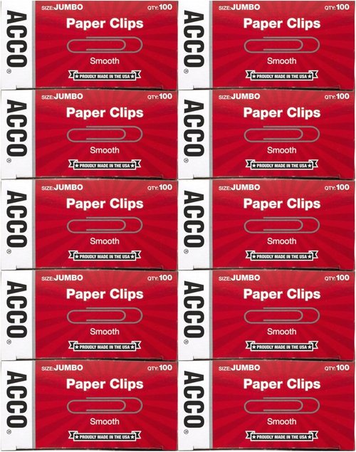 ACCO Brands Jumbo Paper Clips - Smooth Economy Design | 10 Boxes of 100 Clips Each