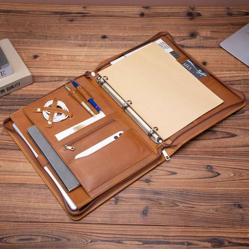 Geslun Genuine Leather Portfolio 3 Ring Binder with Clipboard, Hidden Handle, 8.5 x 11 Zippered Padfolio, Business Organizer Professional Executive Folio for Men and Women, Brown