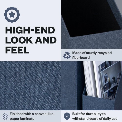 Bigso Box of Sweden Estelle Canvas Fiberboard Upright Magazine Holder and Organizer for Papers and Catalogs with Leather Handle - Magazine File Holder for Office Desks - 12.6in x 4.5in x 9.8in - Blue