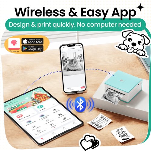 Phomemo Mini Sticker Printer- Mini Printer Sticker Maker Machine M02, Print Pods Suitable for Student Name Label, Study Notes, Creative DIY, Diaries, Portable Thermal Printer for School/Home/Office