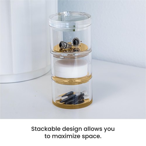 OfficeGoods 3-Tier Stackable Acrylic Holder- Stylish Desk Organizer and Storage for Office or Home – Transparent Round Design with Gold Metal Base
