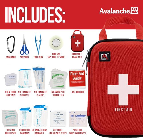Avalanche First Aid Kit - 53 Pieces Compact Emergency Supplies for Home, Travel & Sports - Red Hard Shell Case