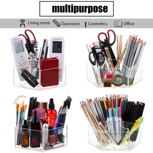 Zonon Acrylic Pen Holder Pencil Organizer 360 Degree Rotating Art Pencil Holder Organizer with 7 Compartments Acrylic Hexagon Pen Cup for Home Office Supplies(Clear)