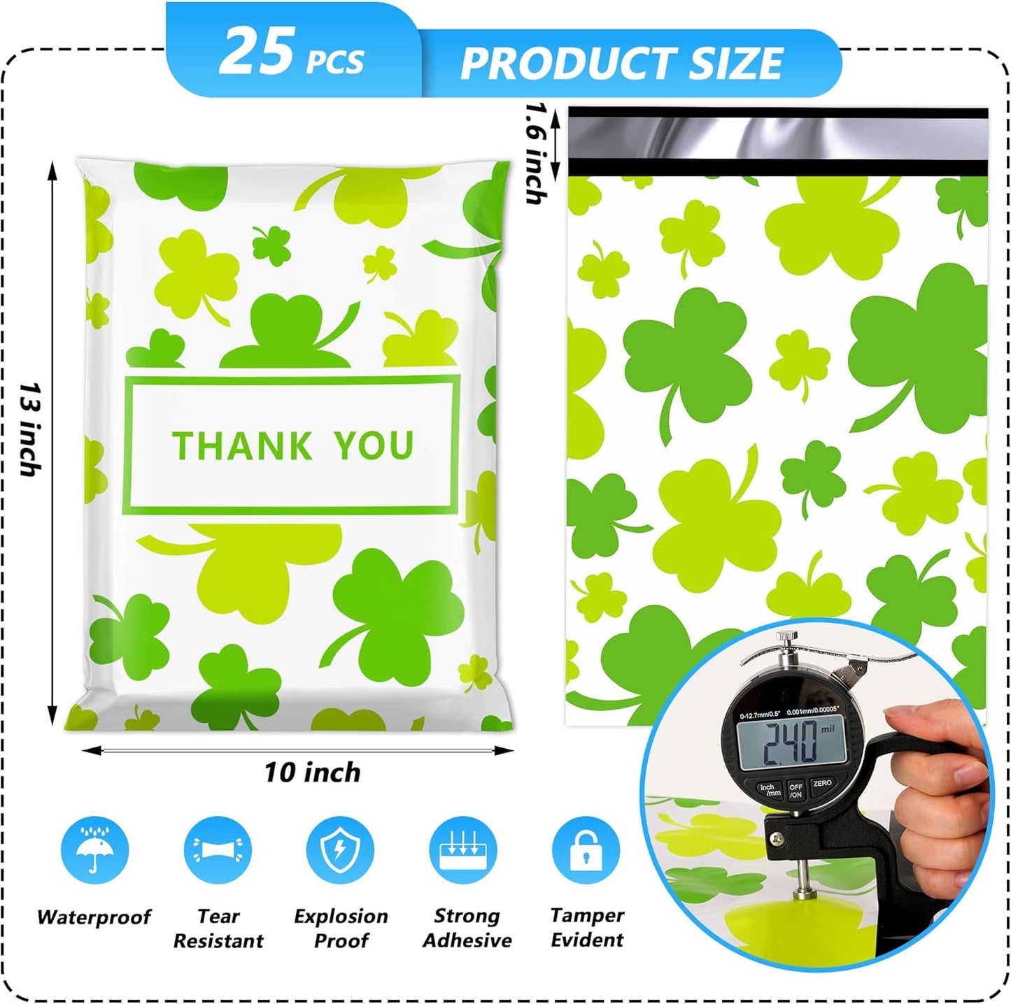 St. Patrick's Day Poly Mailers - 10x13 Inch Waterproof & Tear-Resistant Shipping Bags | 25 Pcs with Clover Print