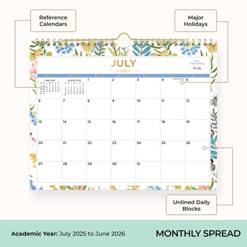 Blue Sky Day Designer 2025-2026 Monthly Academic Year Wall Calendar, July 2025 - June 2026, 11" x 8.75", Durable Twin Wire Binding, Perfect For Home, Office And Classroom, Flutter