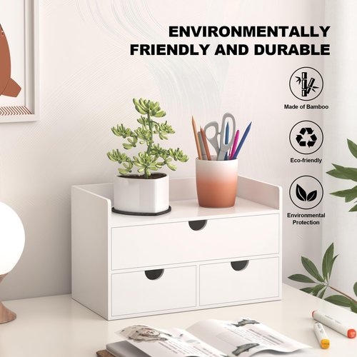 Wisuce Bamboo Desk Organizer - Mini Bamboo Desk Drawer Tabletop Cosmetic Storage Organization for Office or Home White with Shelf