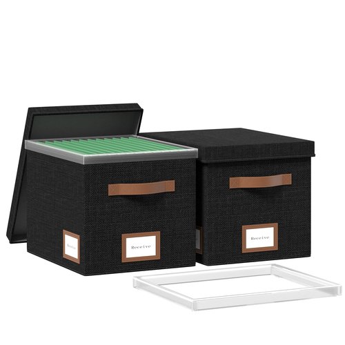 GRSQYS File Box for Hanging, File Organizer Box with Lid Decorative File Folders Organizer with One-Piece Integrated Plastic Slide Rail (Black, 13.2x10.1x10.1inch(2pack))