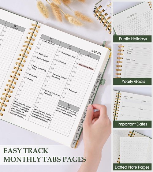 Academic Planner 2025-2026, Weekly and Monthly Calendar Planner from July 2025 - June 2026, 8.5" x 11" Hardcover Leather Hourly Appointment Book with Tabs, Spiral Daily Planners for College School Teacher Student, Green