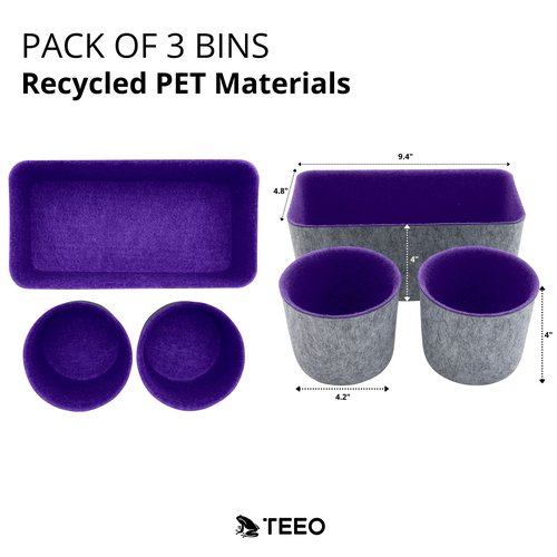 Teeo - Drawers Organizer Storage - Clothing and Desk Caddy - Closet Drawer Bins - Home Office Cosmetic Dividers Compartment - Bedroom Closet Organization - Pack of 3, Purple