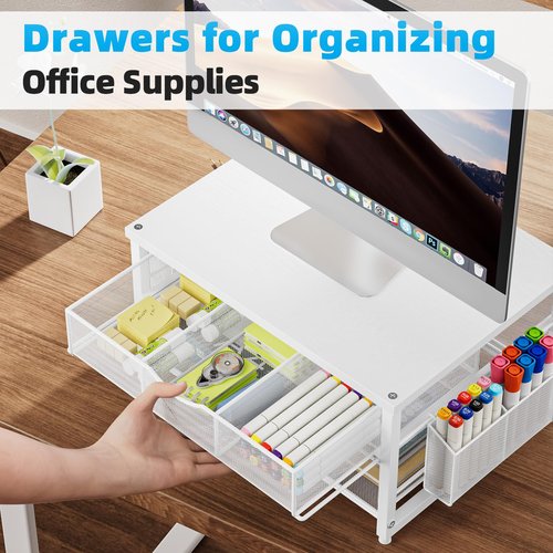 Marbrasse Wood Printer Stand for Desk, 2-Tier Desktop Printer Table for Home Office, Printer Stand with Storage Drawer 2 Pen Holders, Multi-Purpose Desk Organizer for Fax Machine Scanner Files (White)