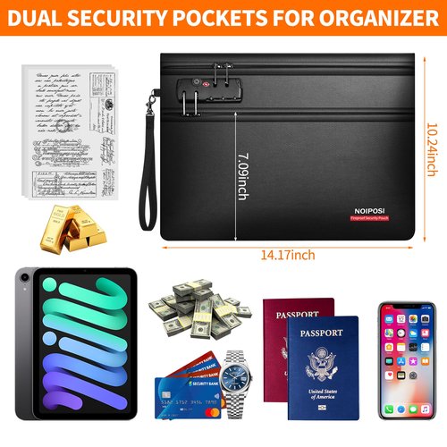 Noiposi 6400℉ Fireproof Document Bag with Lock,Dual-Zip Compartments Fireproof Money Bag for Cash and Documents,12 Layers Heat Insulated Fireproof Bag with Zipper,Protects Important Papers,Valuables