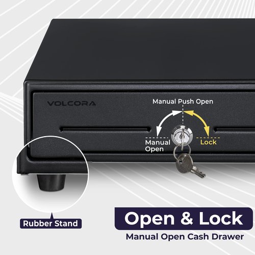 Volcora 13" Manual Push Open Cash Register Drawer for Point of Sale (POS) System, Black Heavy Duty Till with 4 Bills and 5 Coin Slots, Key Lock with Removable Coin Tray and Double Media Slots