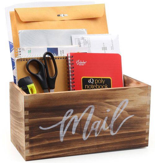 Saverstate Wood Mail Holder Storage Organizer Box, Basket for Work Desktop Letters and mail, Bills, Notes and Postcard Wood Bin for Home Entryway Office Dorm Room(Rustic Brown)