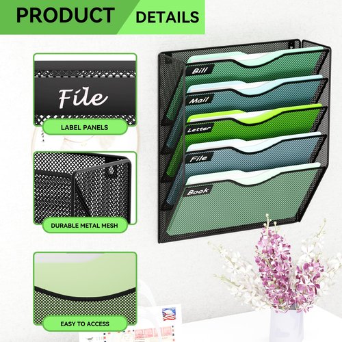 GDINDINFAN 5 Pockets Mesh Hanging Wall File Holder Organizer Wall Mounted Paper Magazine Rack, Black