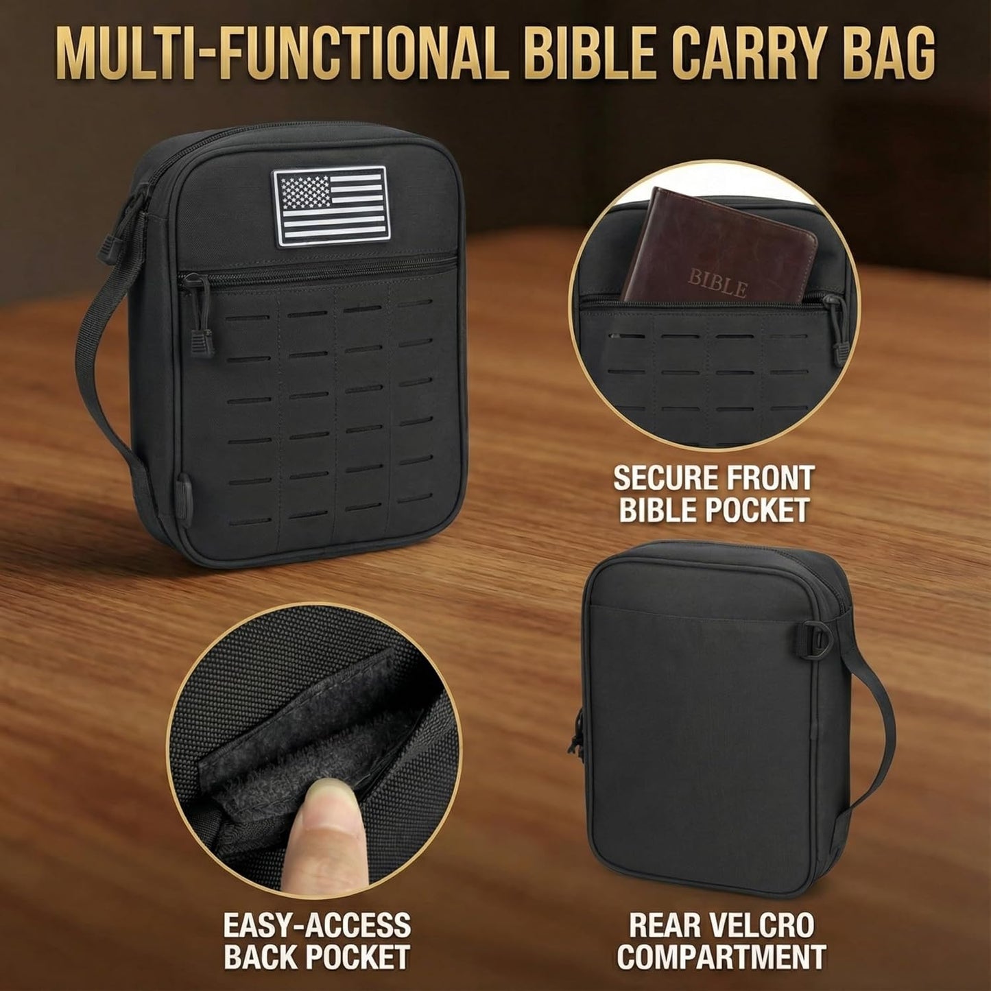 Skiennix Tactical Bible Cover - Large Water Resistant Case with Shoulder Strap & US Flag Patch | Multi-Pocket Design for Church & Travel