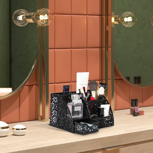 EasyPAG Desk Organizer with Sliding Drawer - 6 Compartments Metal Desktop Caddy, Decorative Elegant Hollow Flower Design, Anti-Scratch Pads for Home, Office, School, Black