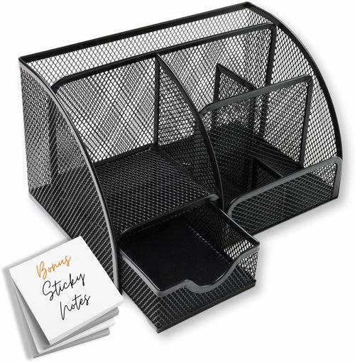 Mesh Desk Organizer - Stylish Office Accessory with 6 Compartments & Drawer | Includes Sticky Notes