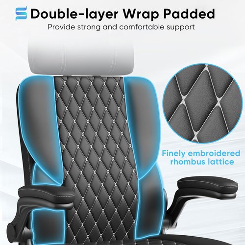 Sytas Executive Leather Office Chair, Comfy Desk Chair with Adjustable Headrest & Flip-up Padded Arms & Lumbar Support, Adjustable Hight and Tilt, Rolling Swivel Chair, Black