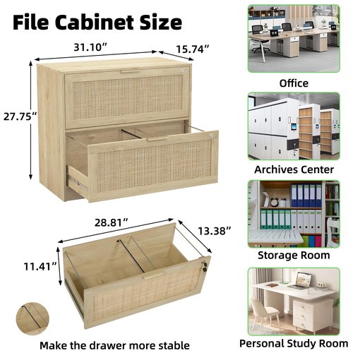 HOPUBUY 2 Drawer File Cabinet with Lock, Printer Stand Lateral Filing Cabinets for Home Office and School, Wood Rattan File Cabinet for Hanging Files/Letter/Legal/A4/F4 Size, Oak